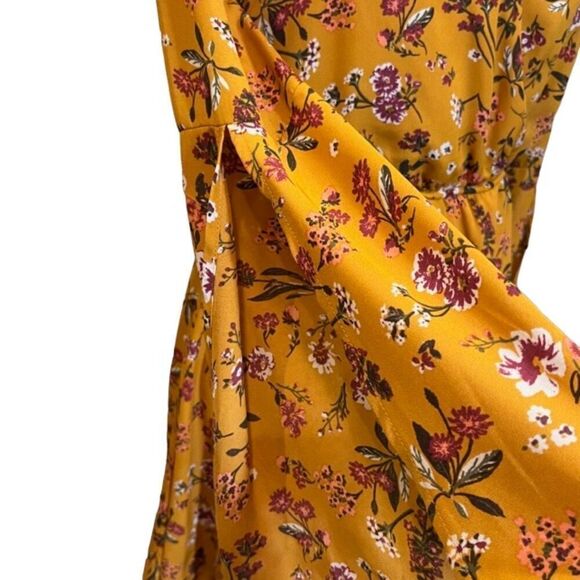 As U Wish Mustard Floral Dress Split Bell Sleeves Lined Women's Size Small - Picture 2 of 10
